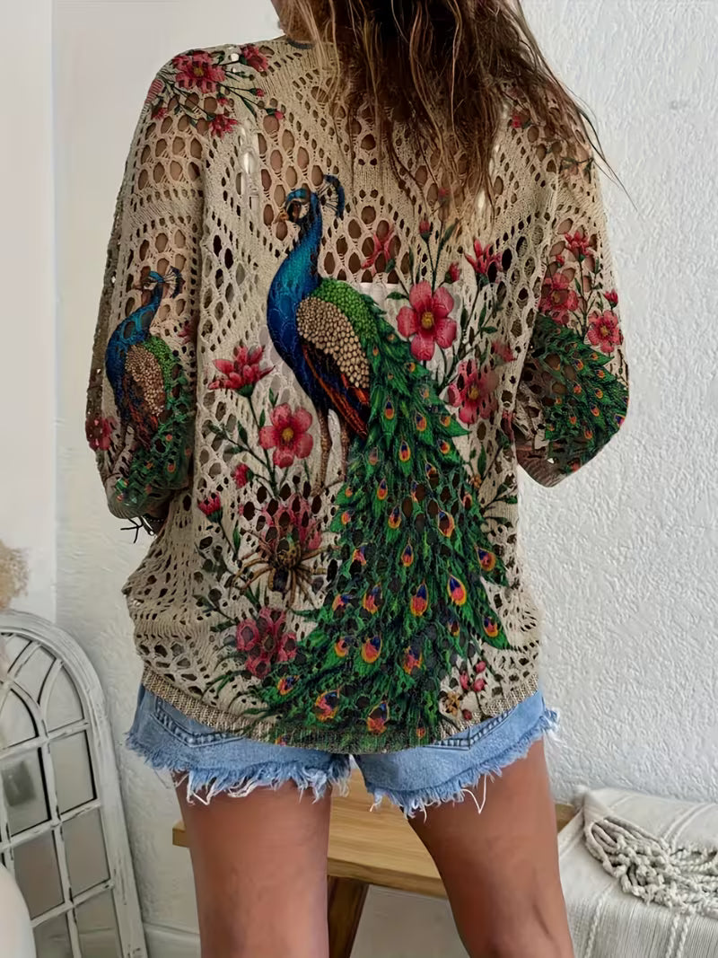 Bohemian Peacock Print Crochet Cover-Up Top