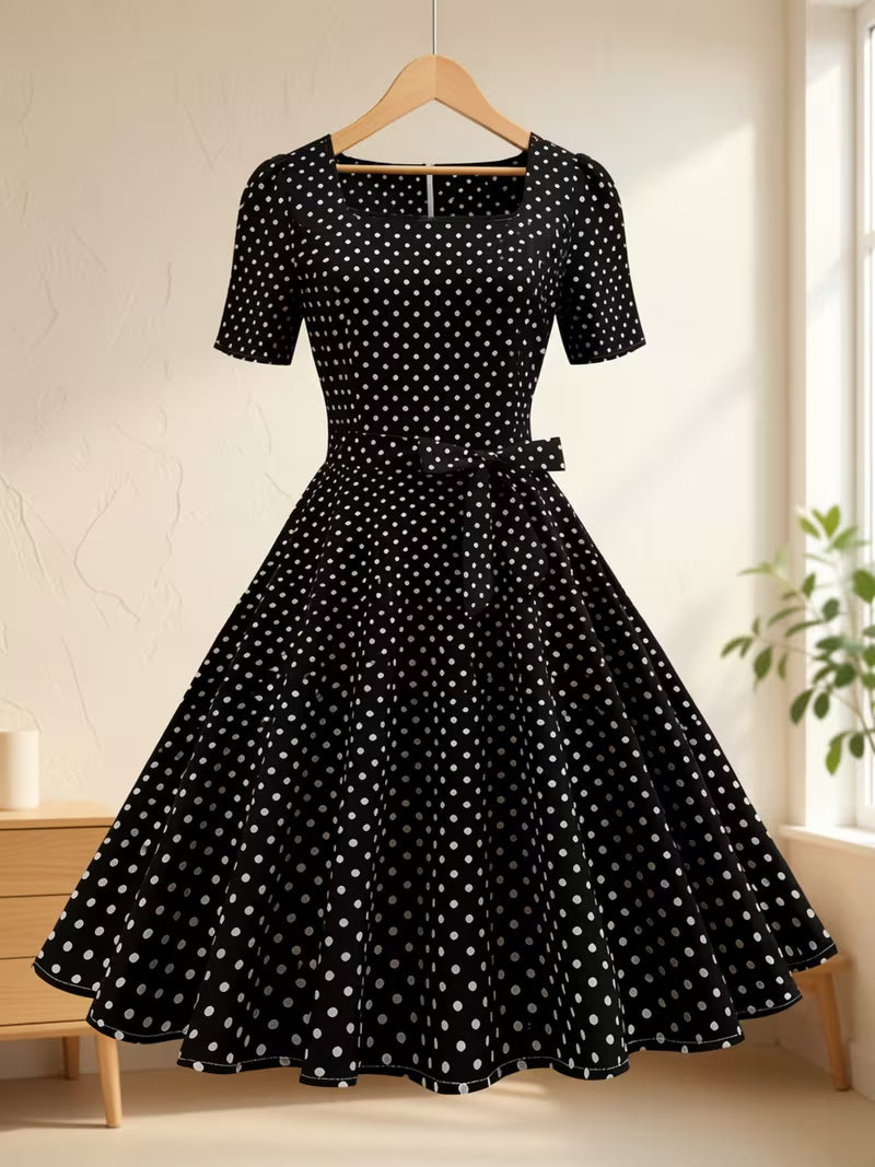 Dot Bow Front Dress – Vintage Elegant Square Neck Short Sleeve Dress