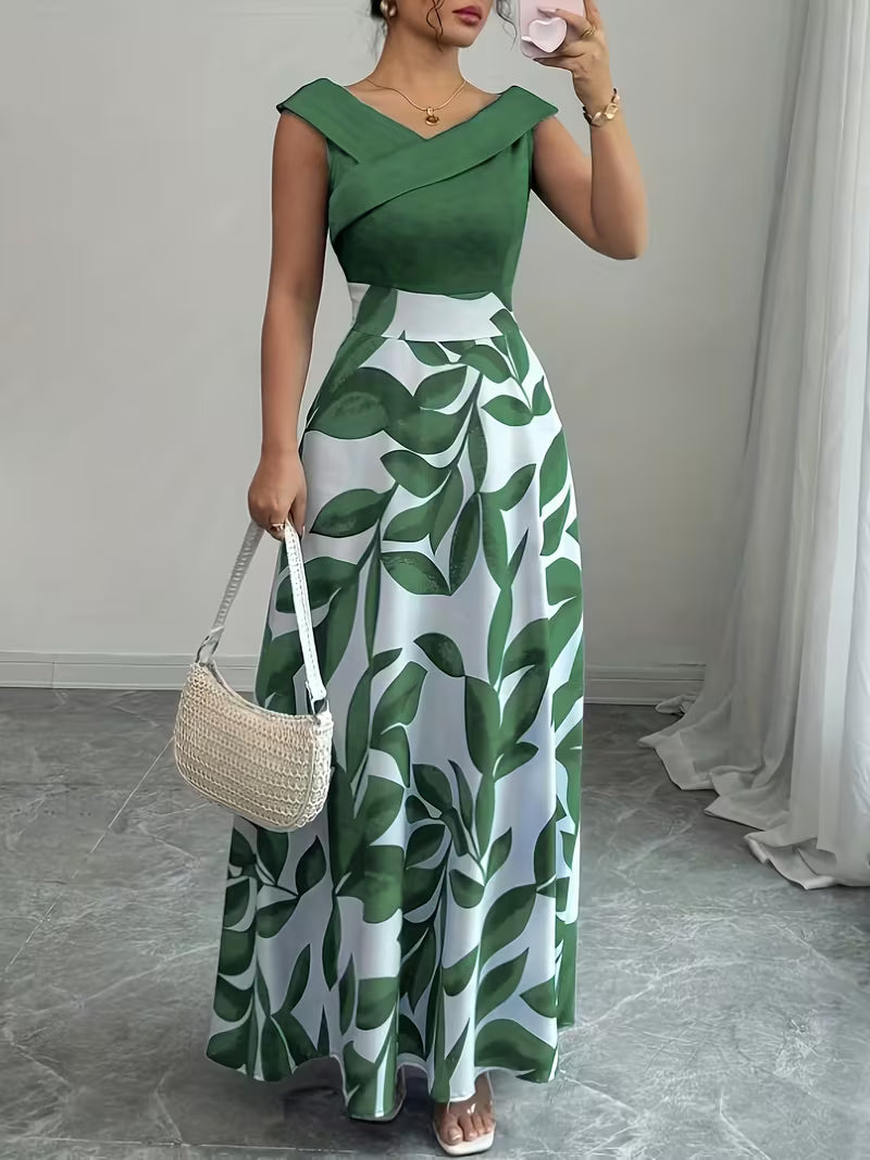 Elegant V-Neck Floral Print A-Line Maxi Dress with Pockets