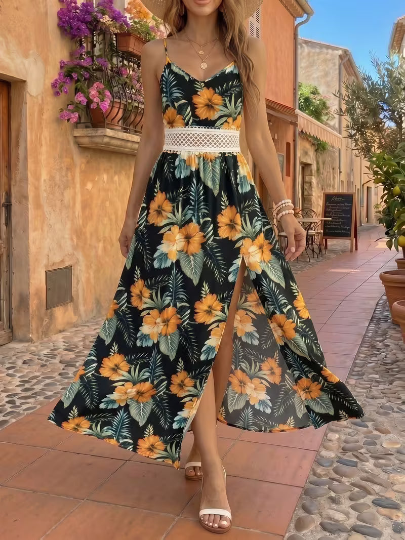 Women's Floral Print Sleeveless Maxi Dress – V-Neck High-Low Summer Dress