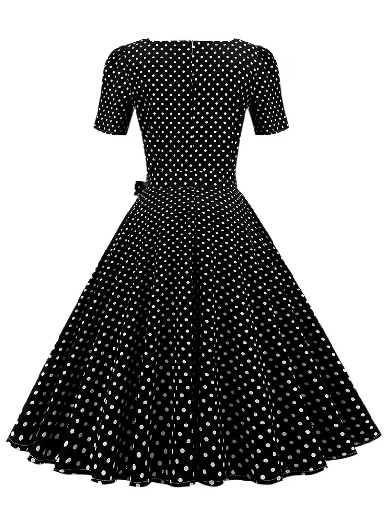 Dot Bow Front Dress – Vintage Elegant Square Neck Short Sleeve Dress