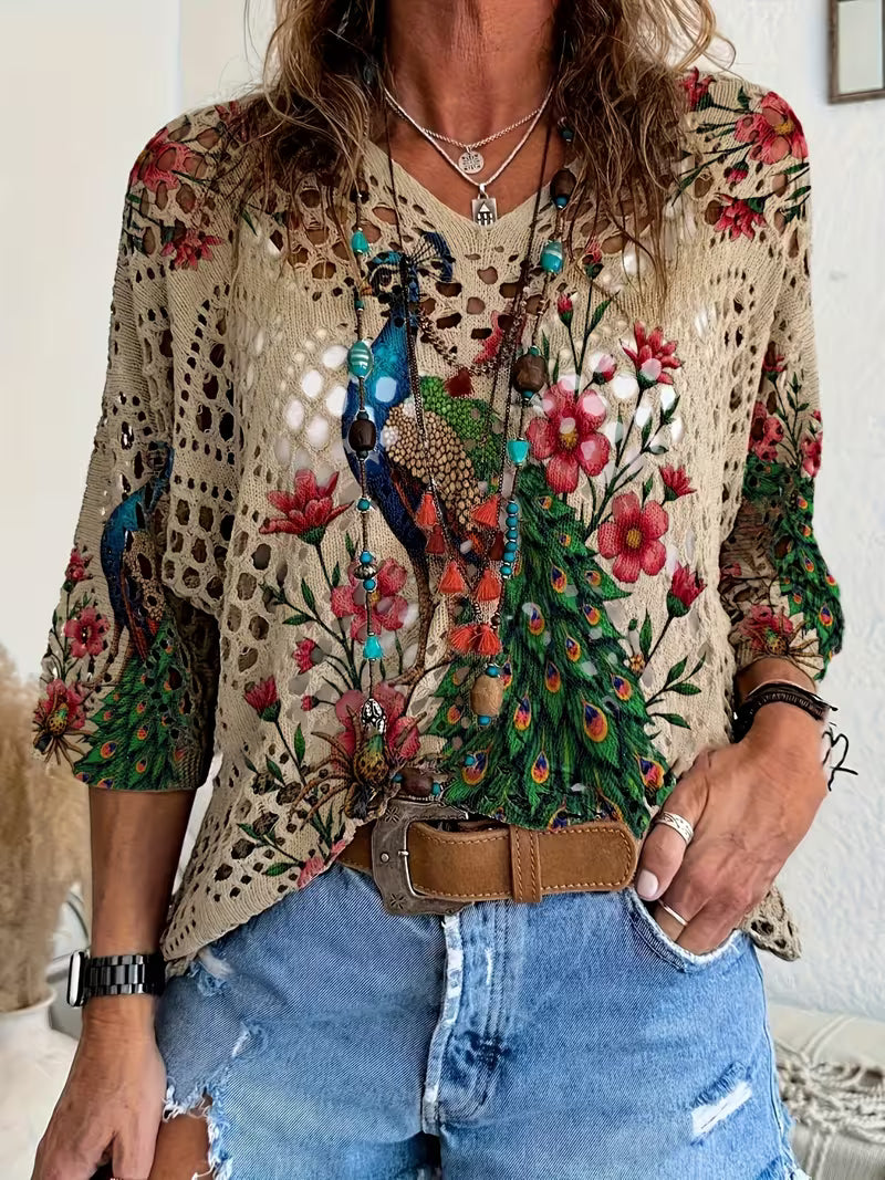 Bohemian Peacock Print Crochet Cover-Up Top