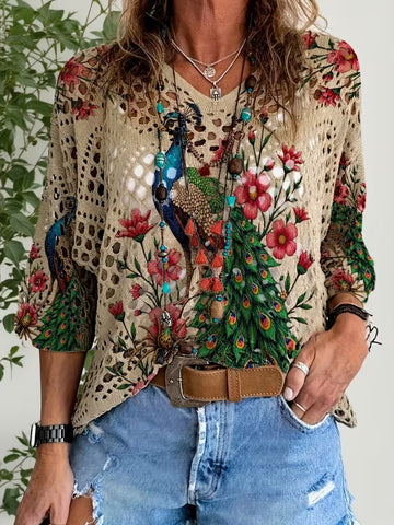 Bohemian Peacock Print Crochet Cover-Up Top