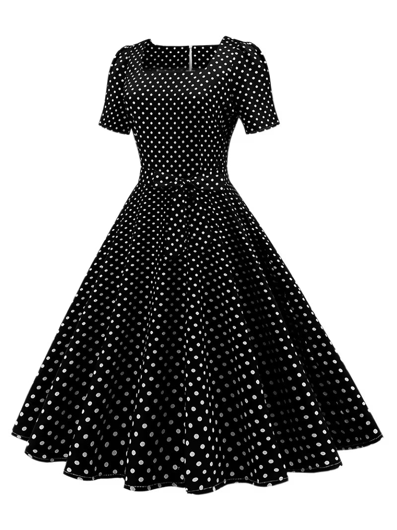 Dot Bow Front Dress – Vintage Elegant Square Neck Short Sleeve Dress