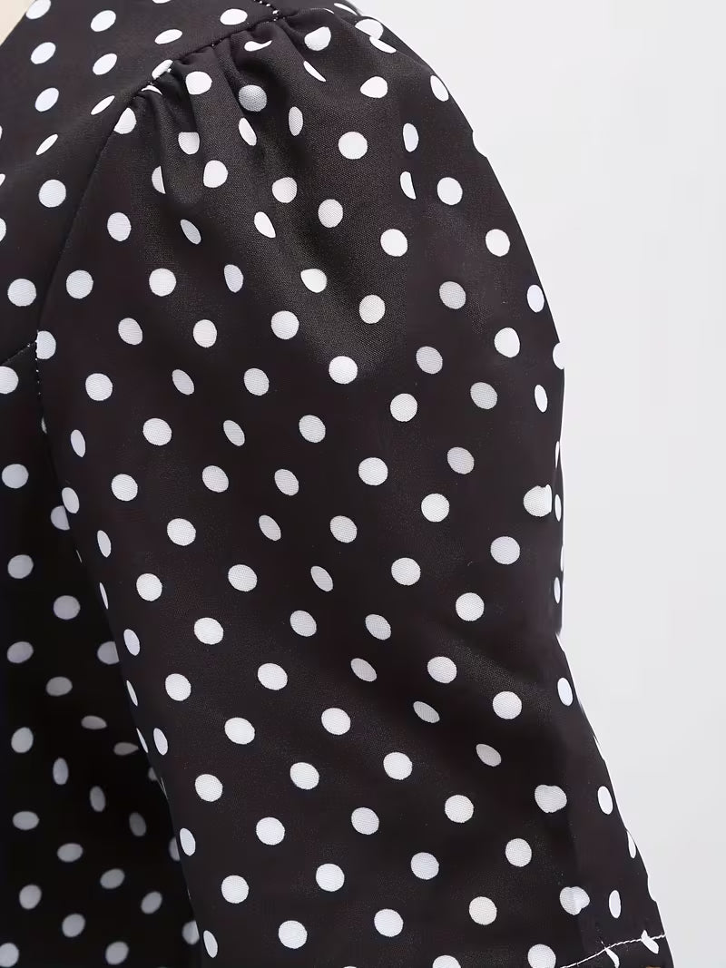 Dot Bow Front Dress – Vintage Elegant Square Neck Short Sleeve Dress