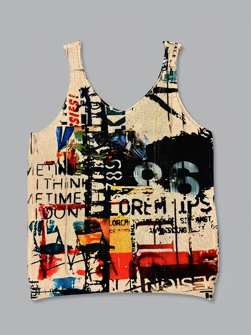 Women's Artistic Graffiti Print Knit Cami Top