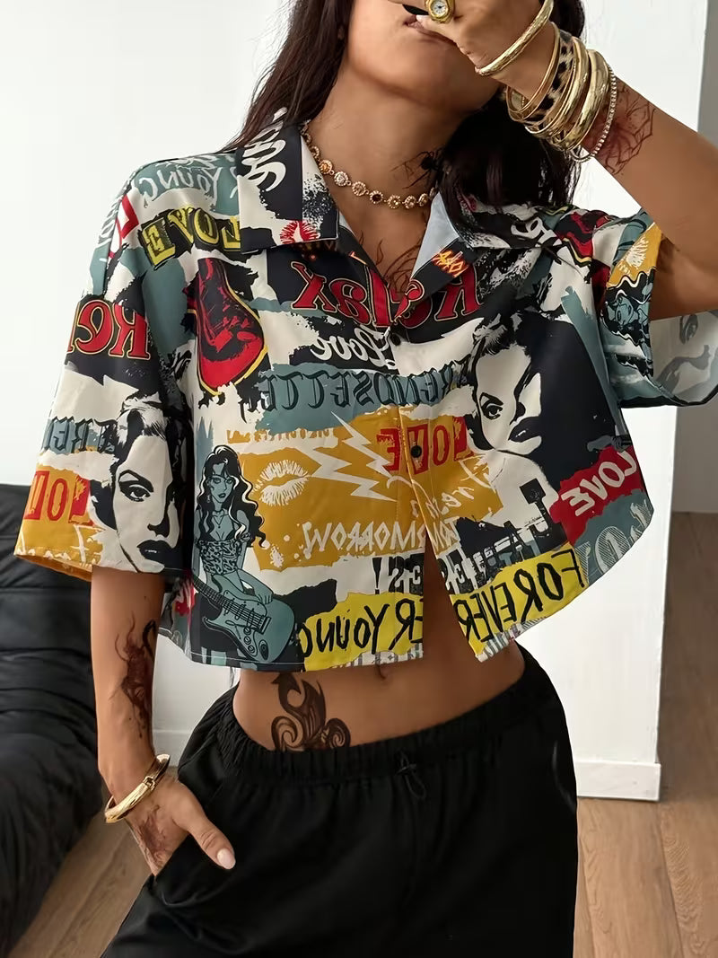 Women's Vintage Graphic Print Cropped Shirt