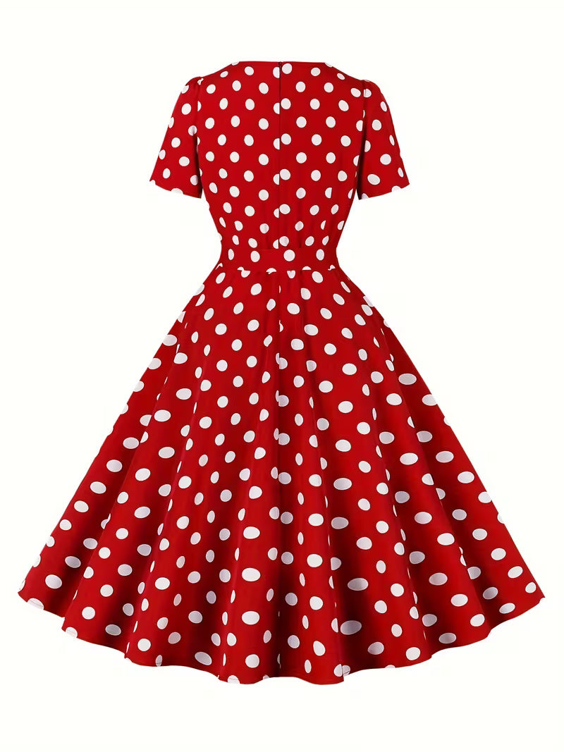 Polka Dot Square Neck Dress – Vintage Short Sleeve A-Line Party Dress