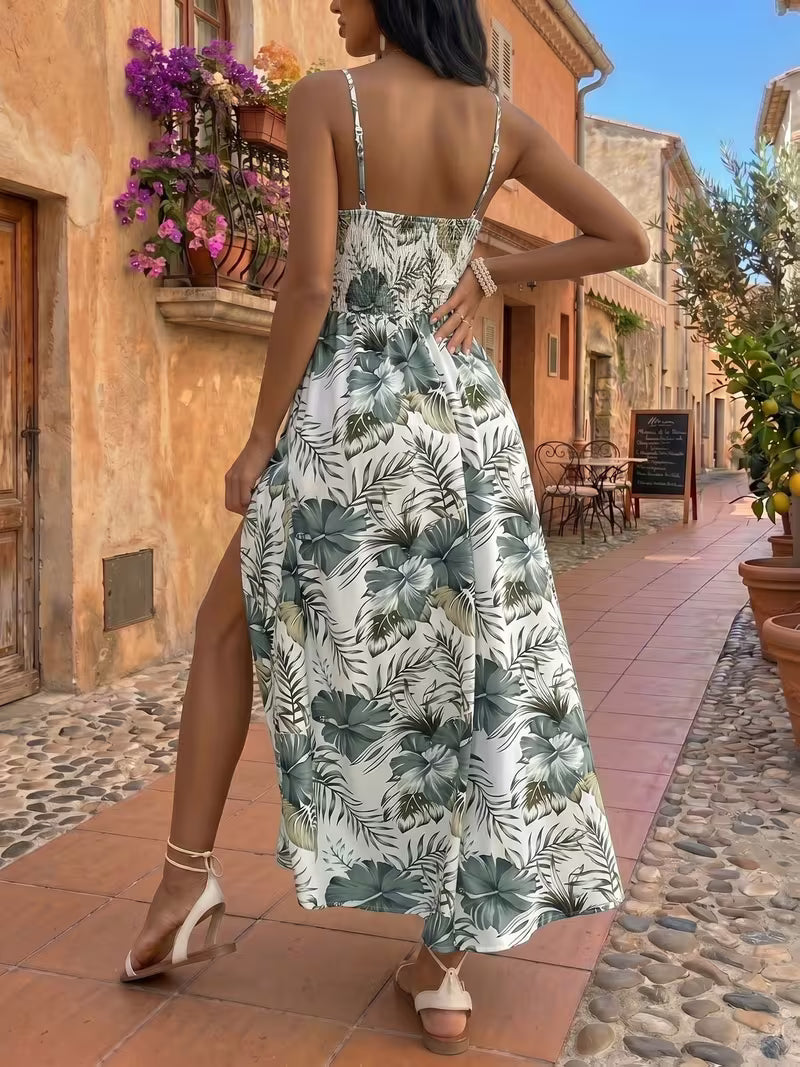Women's Floral Print Sleeveless Maxi Dress – V-Neck High-Low Summer Dress