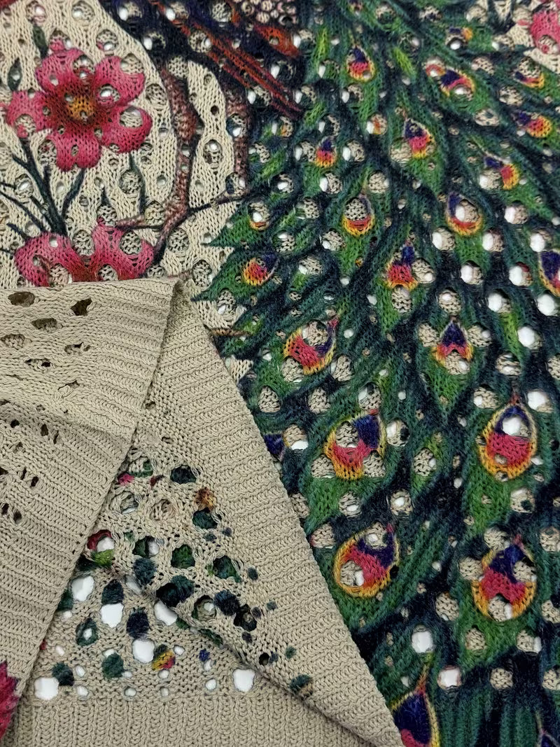 Bohemian Peacock Print Crochet Cover-Up Top