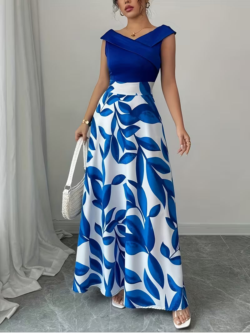 Elegant V-Neck Floral Print A-Line Maxi Dress with Pockets