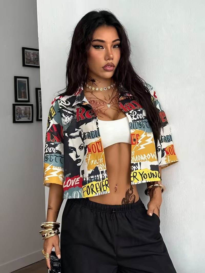Women's Vintage Graphic Print Cropped Shirt