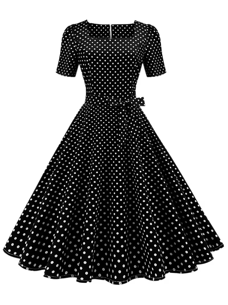 Dot Bow Front Dress – Vintage Elegant Square Neck Short Sleeve Dress