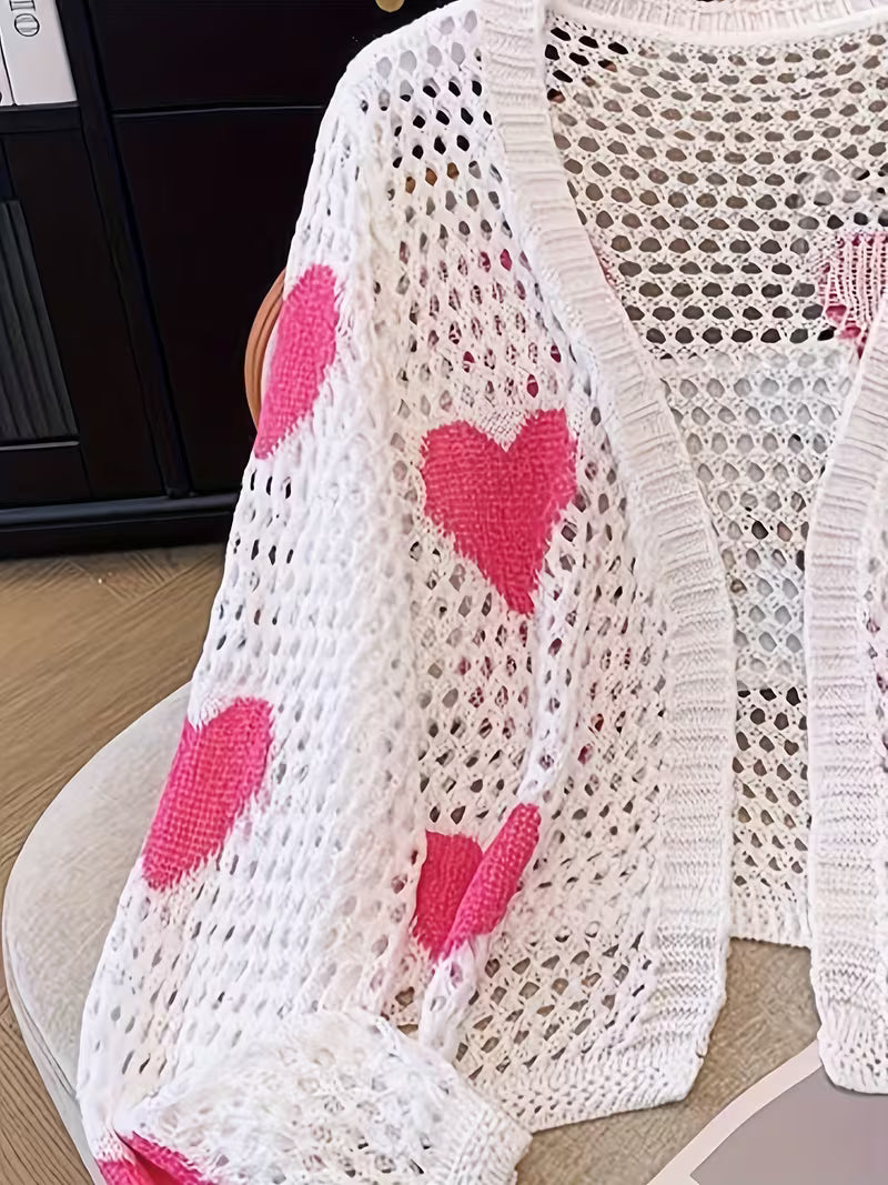 Stylish White Heart Pattern Cardigan