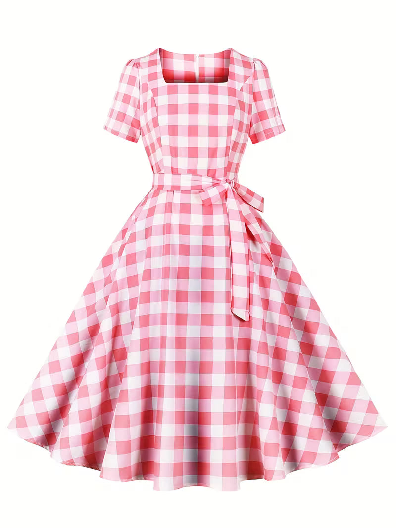 Polka Dot Square Neck Dress – Vintage Short Sleeve A-Line Party Dress