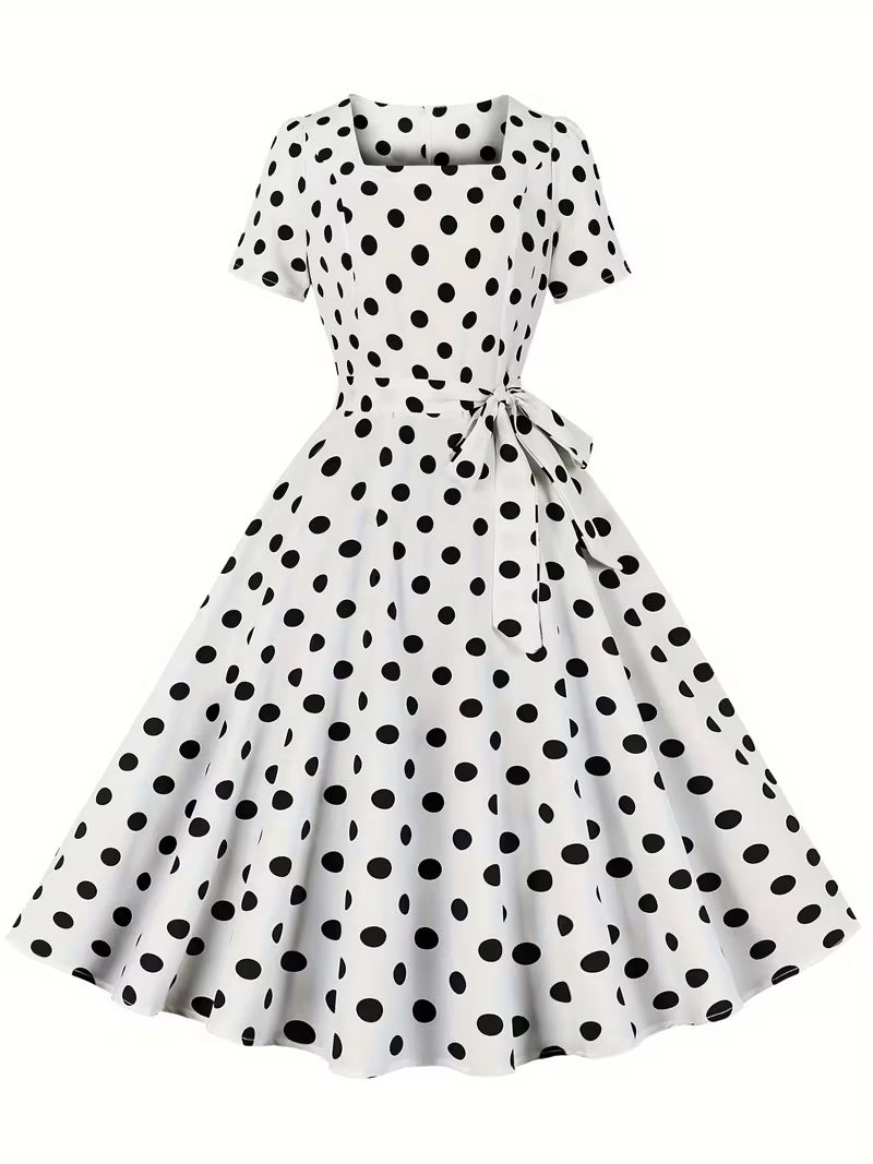 Polka Dot Square Neck Dress – Vintage Short Sleeve A-Line Party Dress