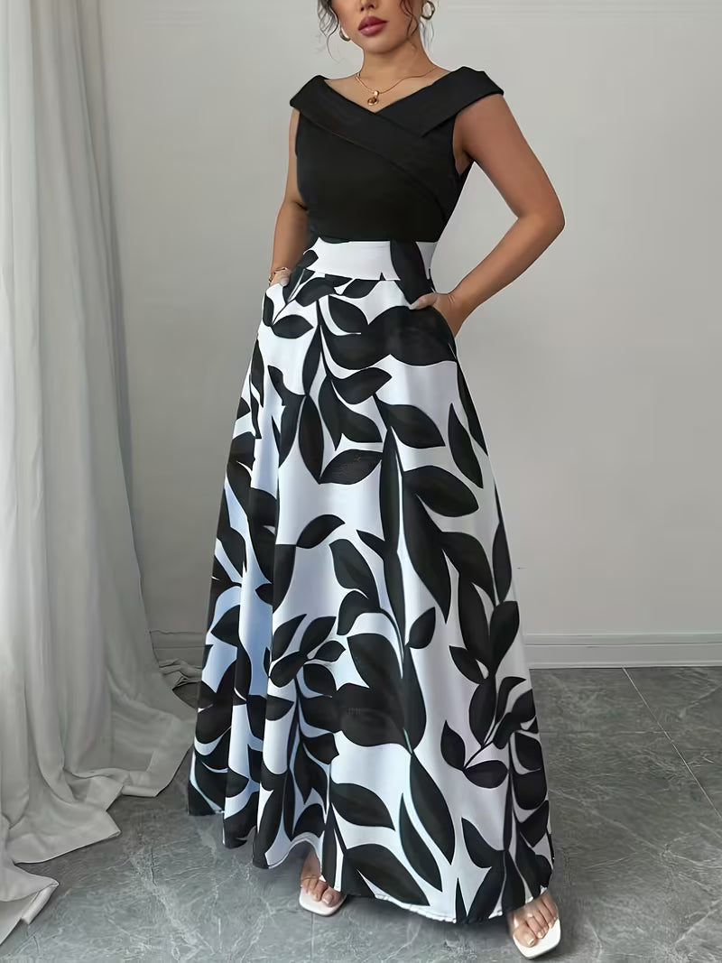 Elegant V-Neck Floral Print A-Line Maxi Dress with Pockets