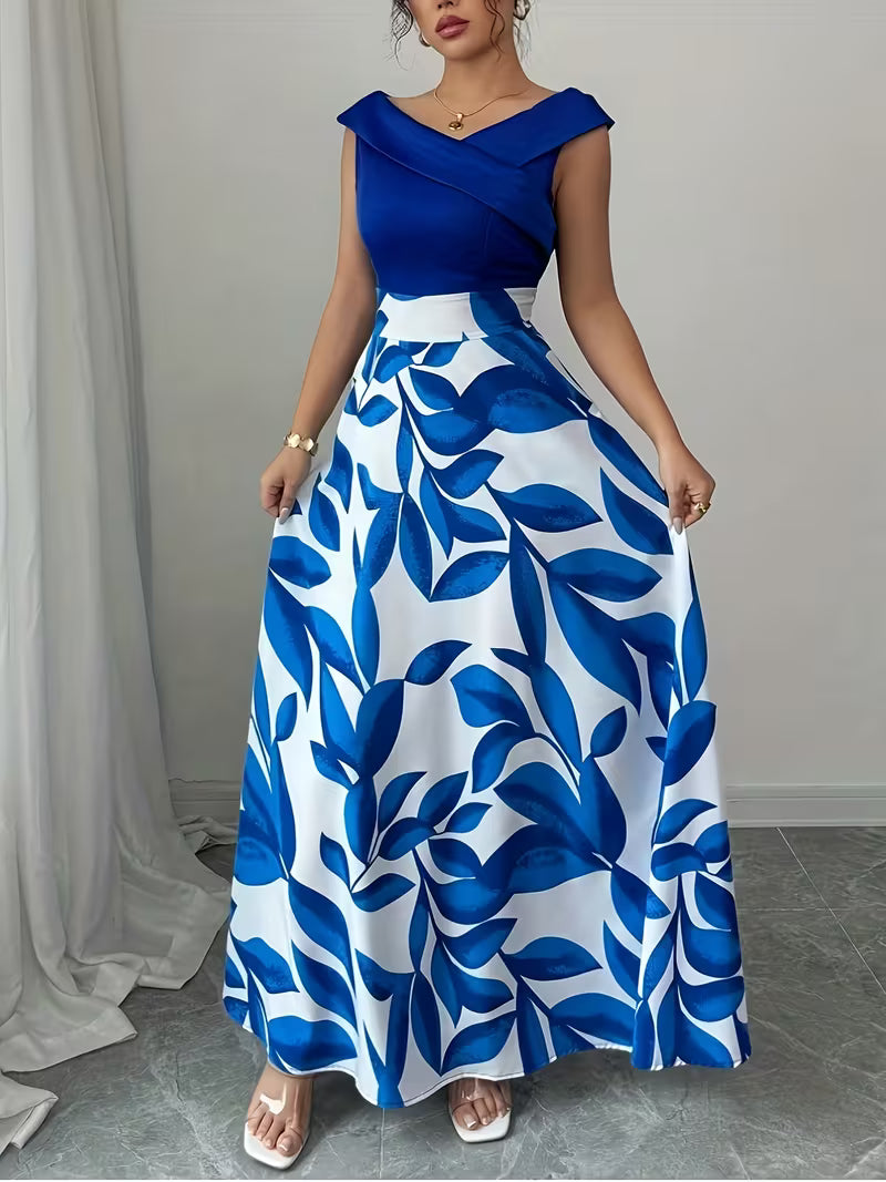Elegant V-Neck Floral Print A-Line Maxi Dress with Pockets