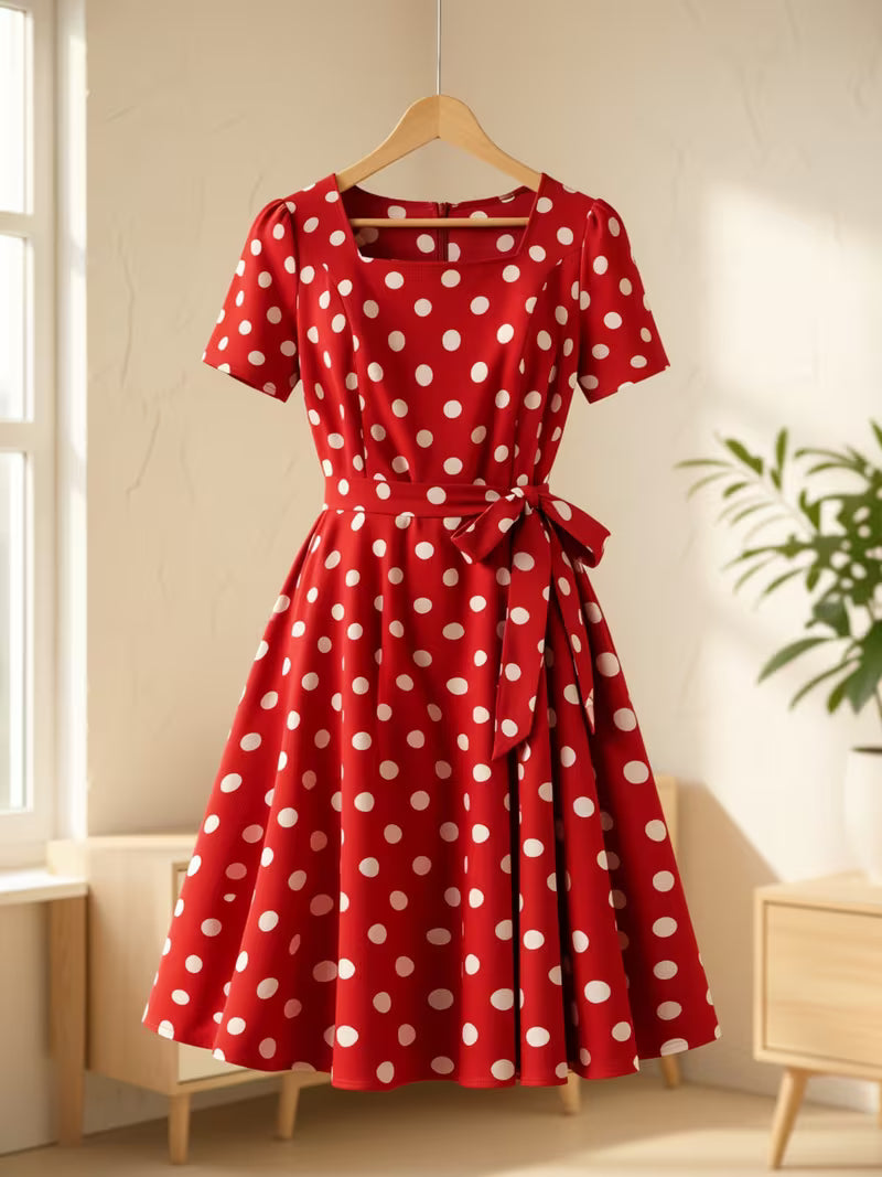 Polka Dot Square Neck Dress – Vintage Short Sleeve A-Line Party Dress