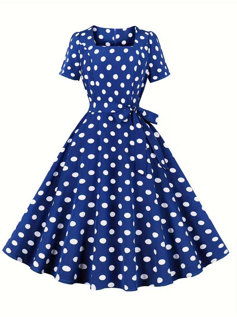 Polka Dot Square Neck Dress – Vintage Short Sleeve A-Line Party Dress