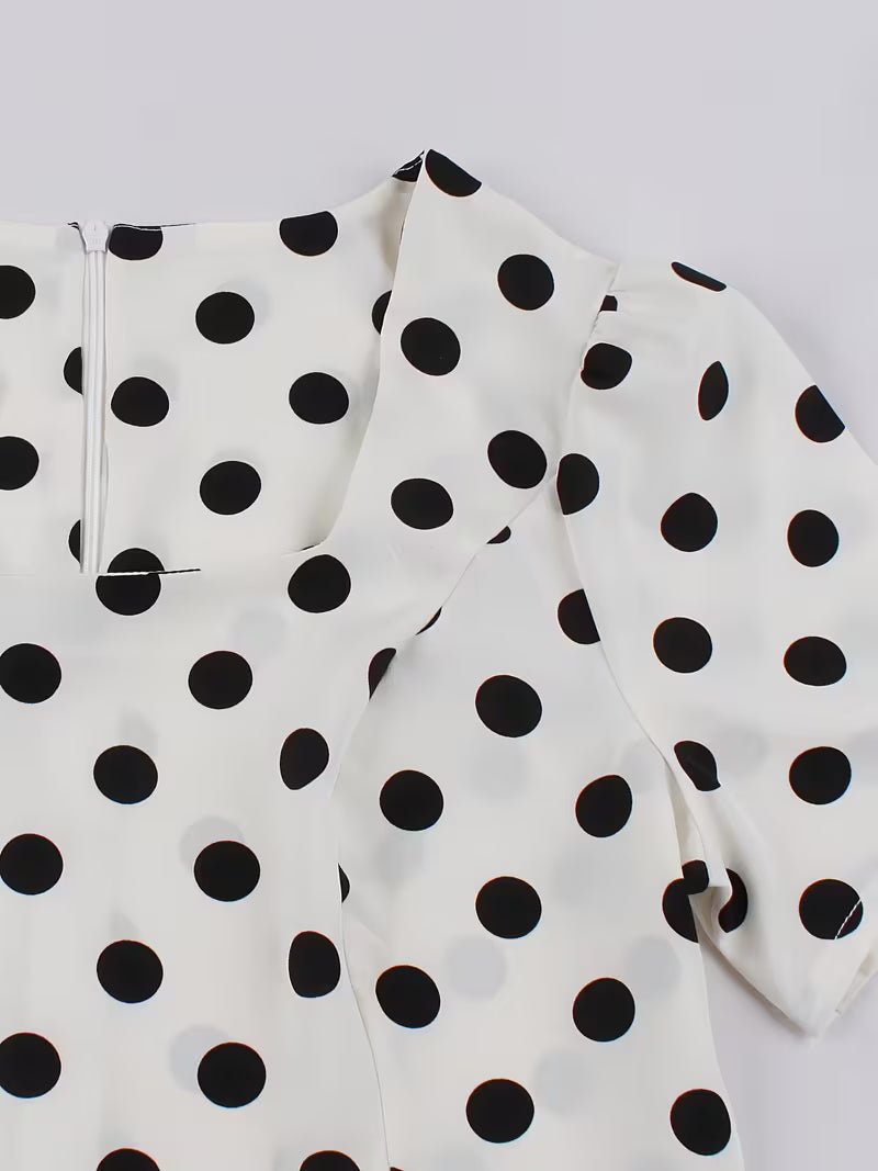 Polka Dot Square Neck Dress – Vintage Short Sleeve A-Line Party Dress