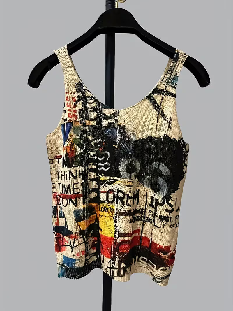 Women's Artistic Graffiti Print Knit Cami Top