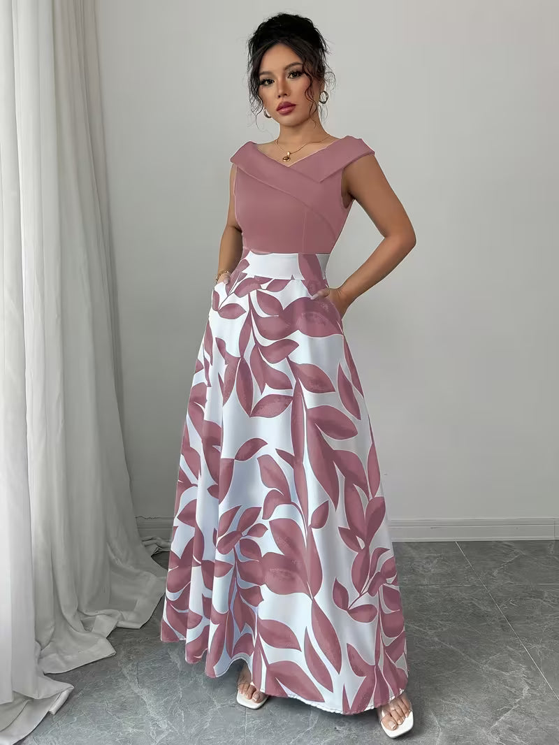 Elegant V-Neck Floral Print A-Line Maxi Dress with Pockets