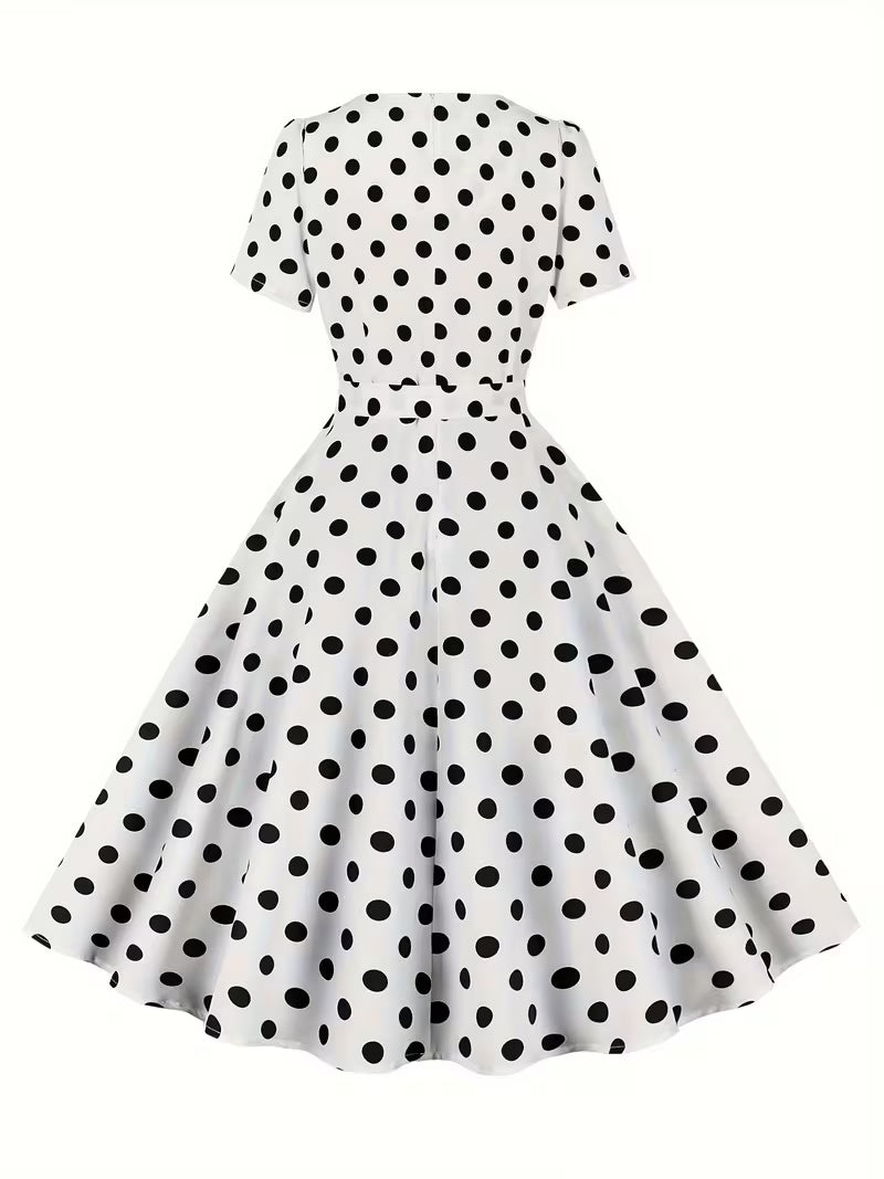 Polka Dot Square Neck Dress – Vintage Short Sleeve A-Line Party Dress