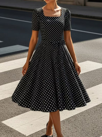 Dot Bow Front Dress – Vintage Elegant Square Neck Short Sleeve Dress