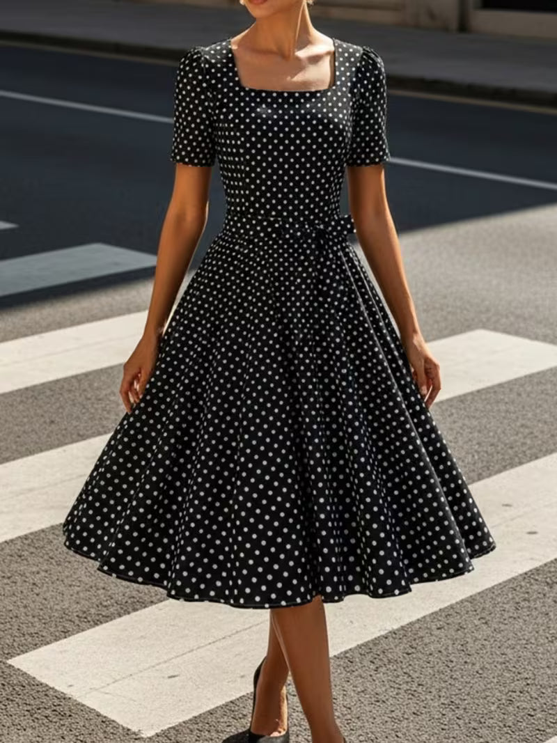 Dot Bow Front Dress – Vintage Elegant Square Neck Short Sleeve Dress