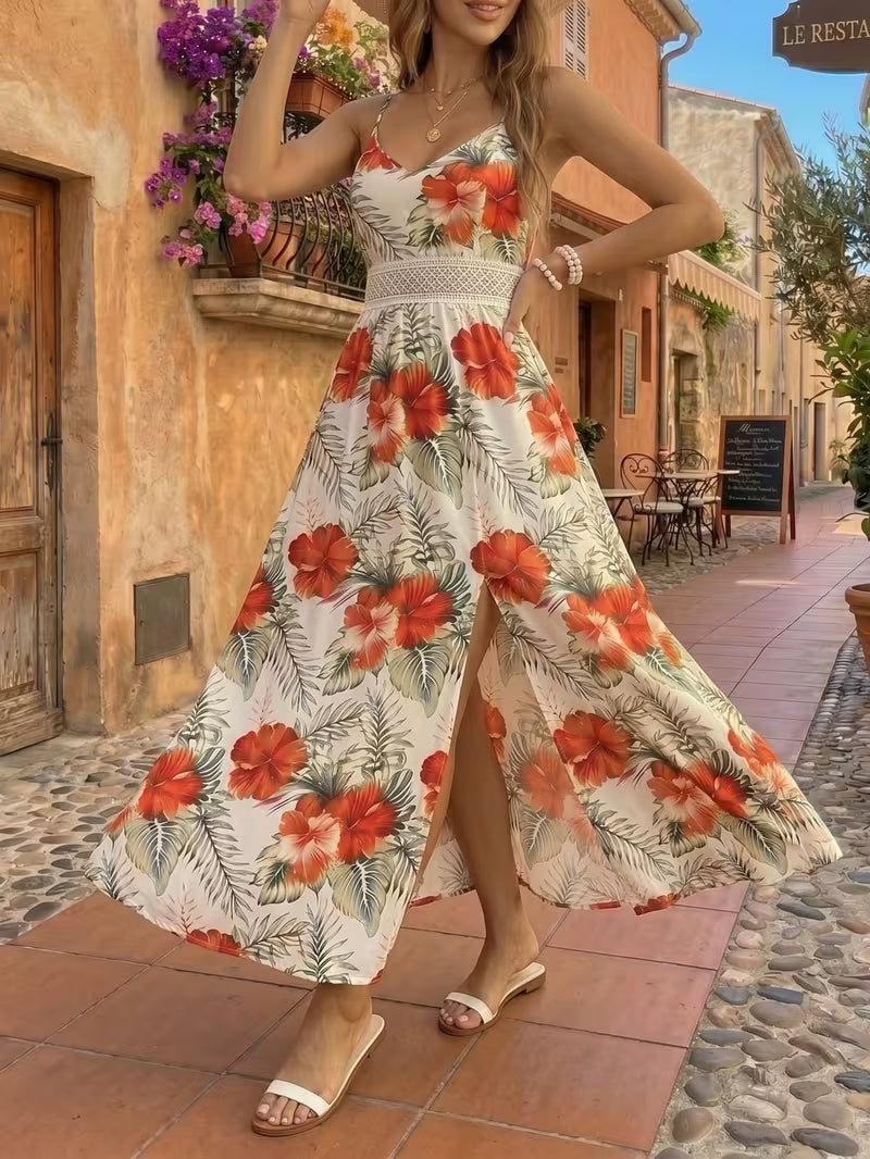 Women's Floral Print Sleeveless Maxi Dress – V-Neck High-Low Summer Dress