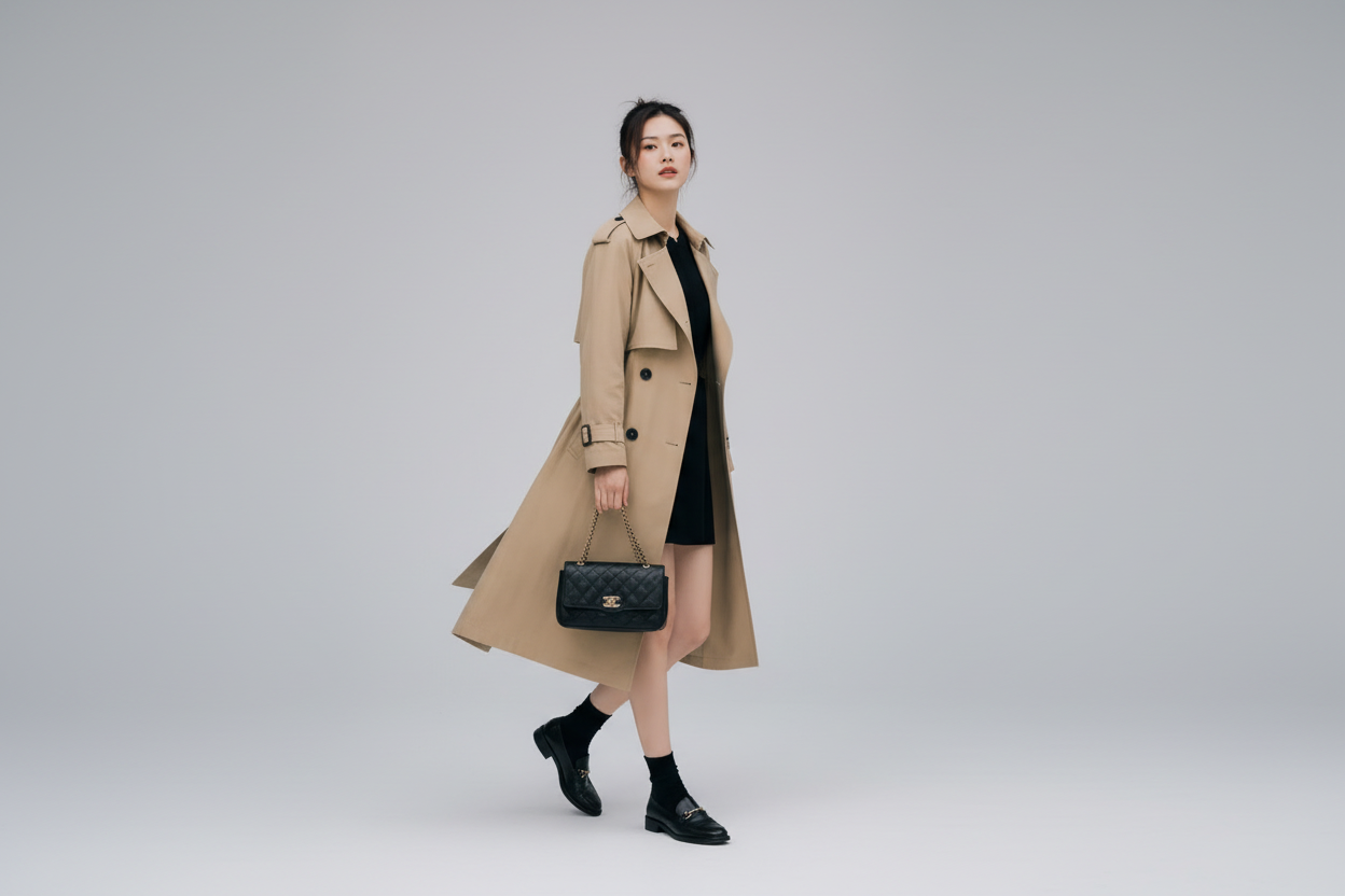 Vintage British‑Inspired Double‑Breasted Long Trench Coat — Refined Korean Fashion Silhouette