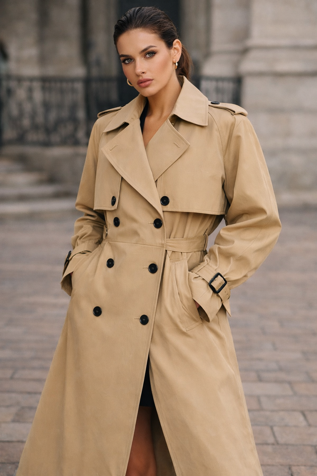 Vintage British‑Inspired Double‑Breasted Long Trench Coat — Refined Korean Fashion Silhouette