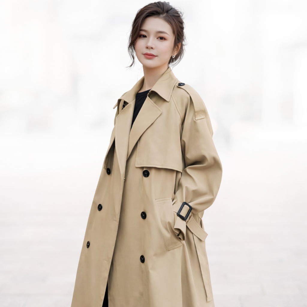 Vintage British‑Inspired Double‑Breasted Long Trench Coat — Refined Korean Fashion Silhouette