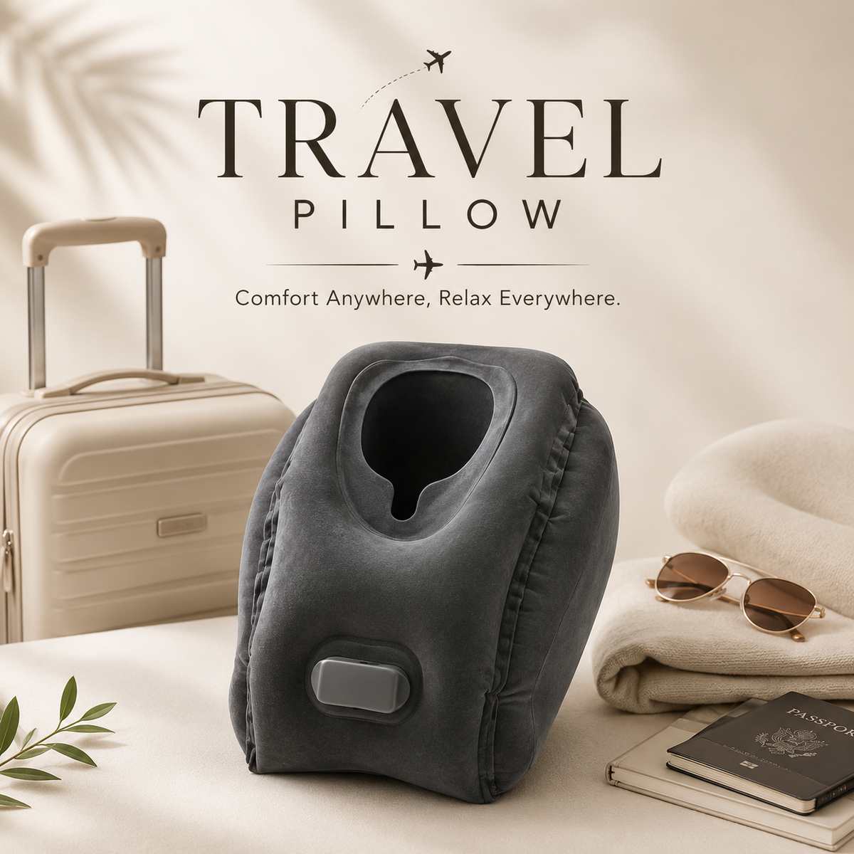 Inflatable Travel Pillow | Ergonomic Neck &amp; Head Support | Compact &amp; Foldable | Soft Flocked Fabric