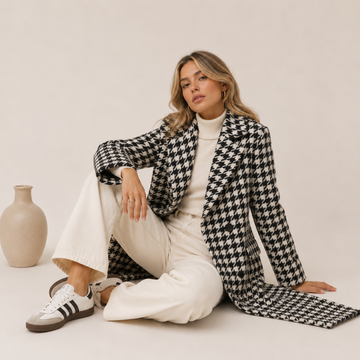 The Noir Parisian Houndstooth Long Shawl Coat Crocheted Silk Lining