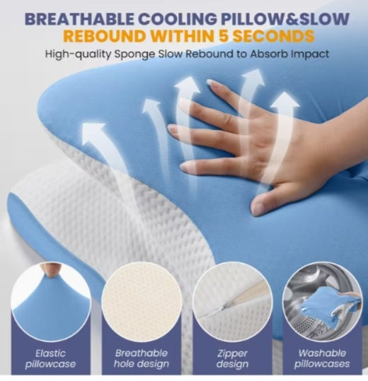 Orthopedic Cooling Memory Foam Ergonomic Cervical Neck Pillow for Side Back & Stomach Sleepers with Cooling Silk Cover