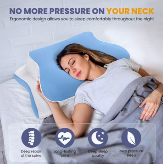 Orthopedic Cooling Memory Foam Ergonomic Cervical Neck Pillow for Side Back & Stomach Sleepers with Cooling Silk Cover