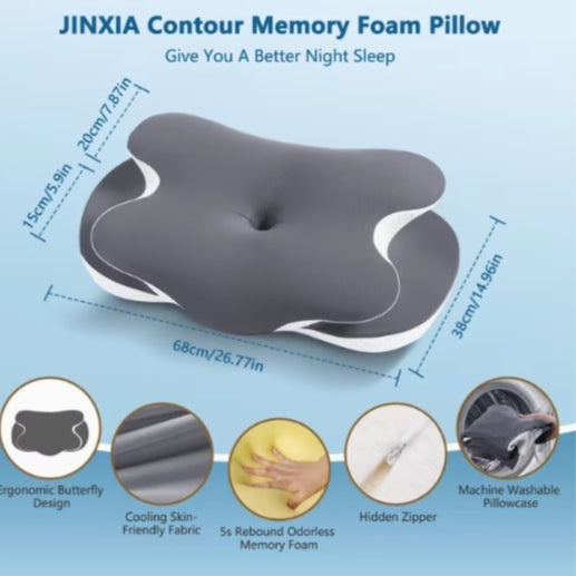 Orthopedic Cooling Memory Foam Ergonomic Cervical Neck Pillow for Side Back & Stomach Sleepers with Cooling Silk Cover