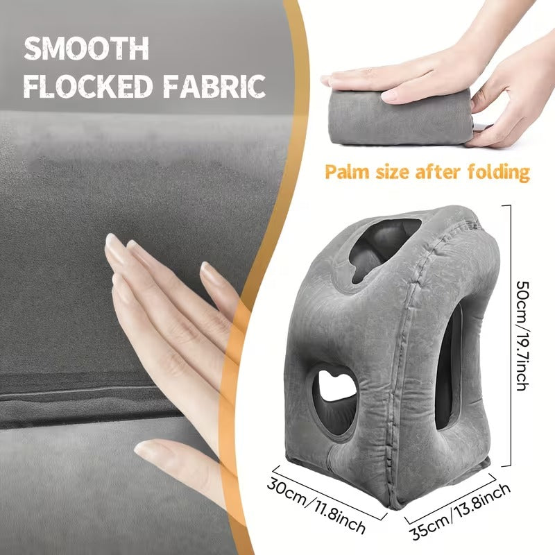 Inflatable Travel Pillow | Ergonomic Neck &amp; Head Support | Compact &amp; Foldable | Soft Flocked Fabric