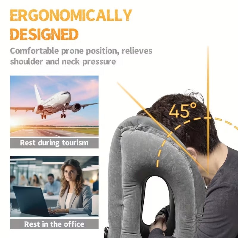 Inflatable Travel Pillow | Ergonomic Neck &amp; Head Support | Compact &amp; Foldable | Soft Flocked Fabric