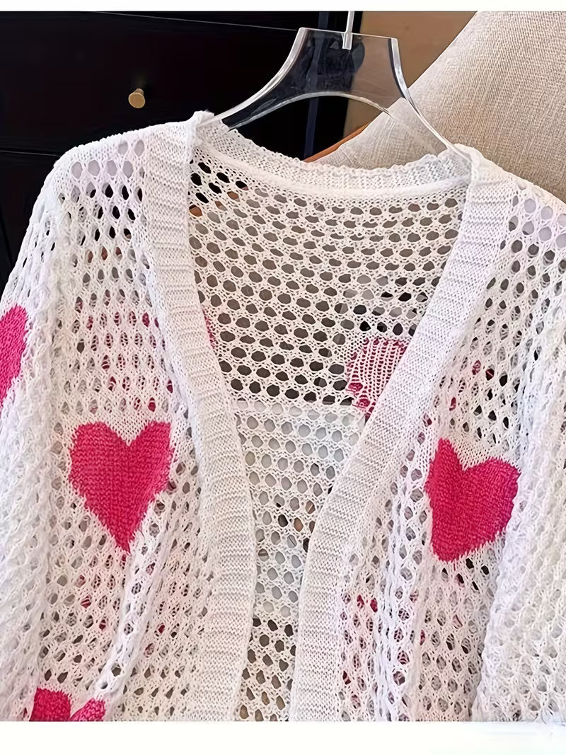 Stylish White Heart Pattern Cardigan