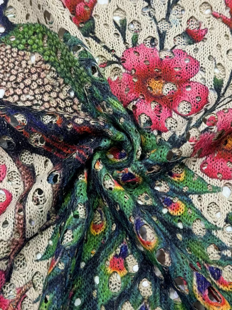 Bohemian Peacock Print Crochet Cover-Up Top