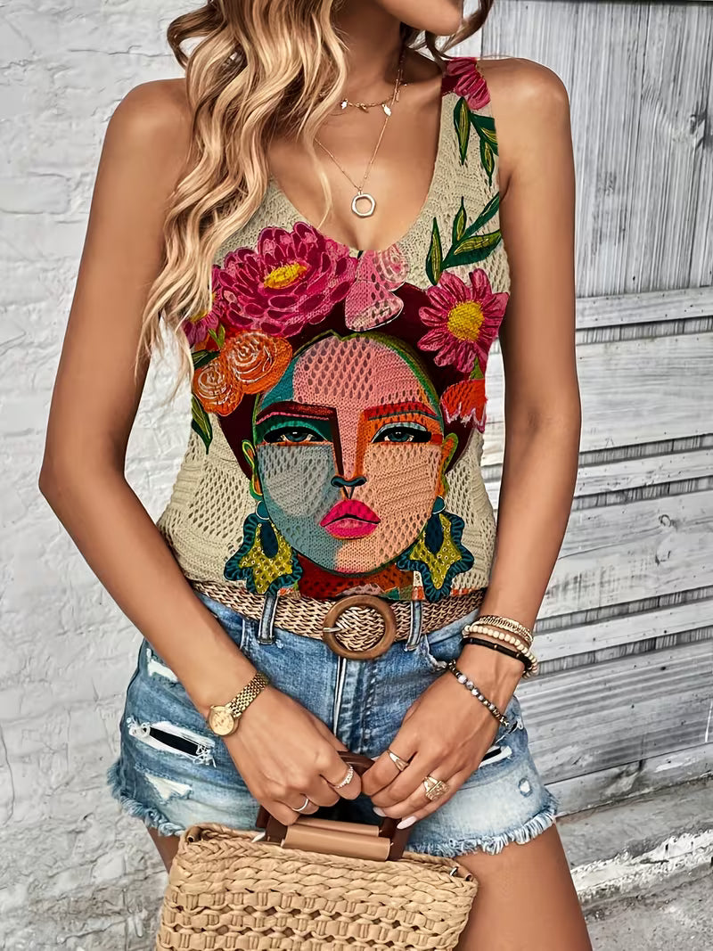 Women's Floral Portrait Knit Tank Top