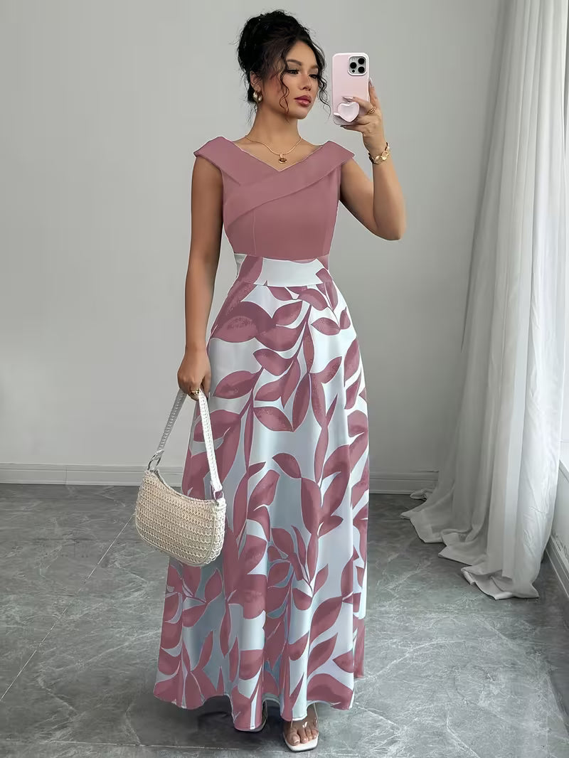 Elegant V-Neck Floral Print A-Line Maxi Dress with Pockets