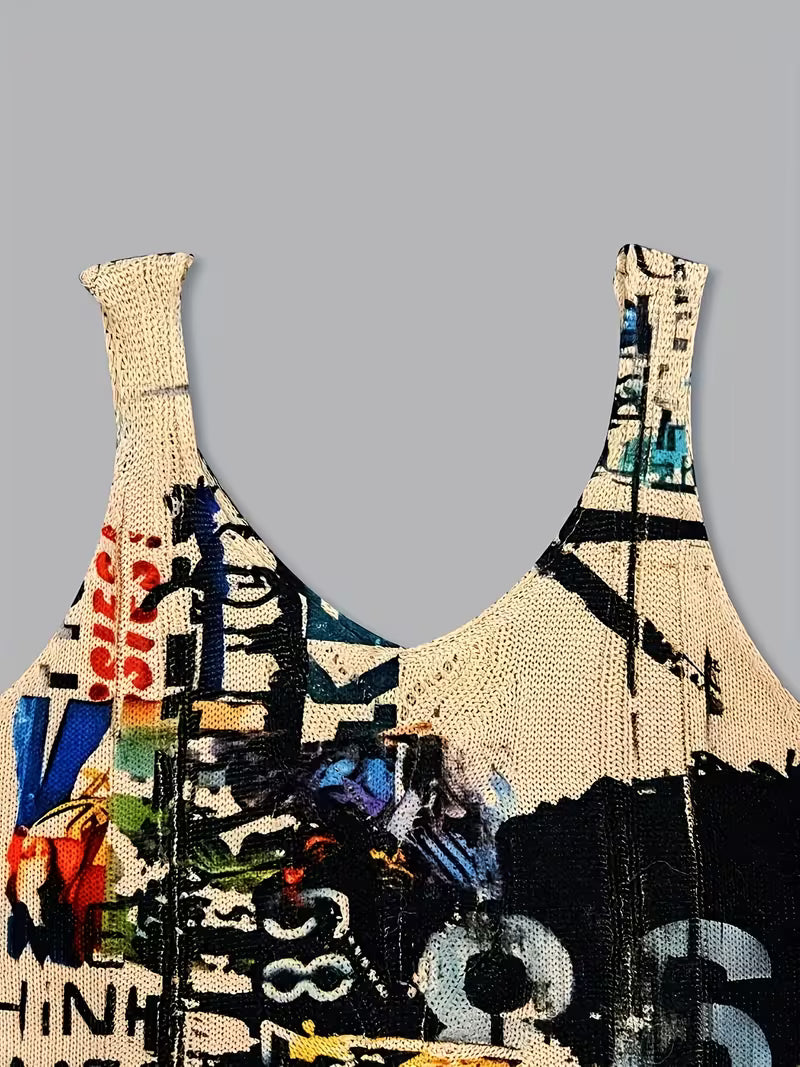 Women's Artistic Graffiti Print Knit Cami Top