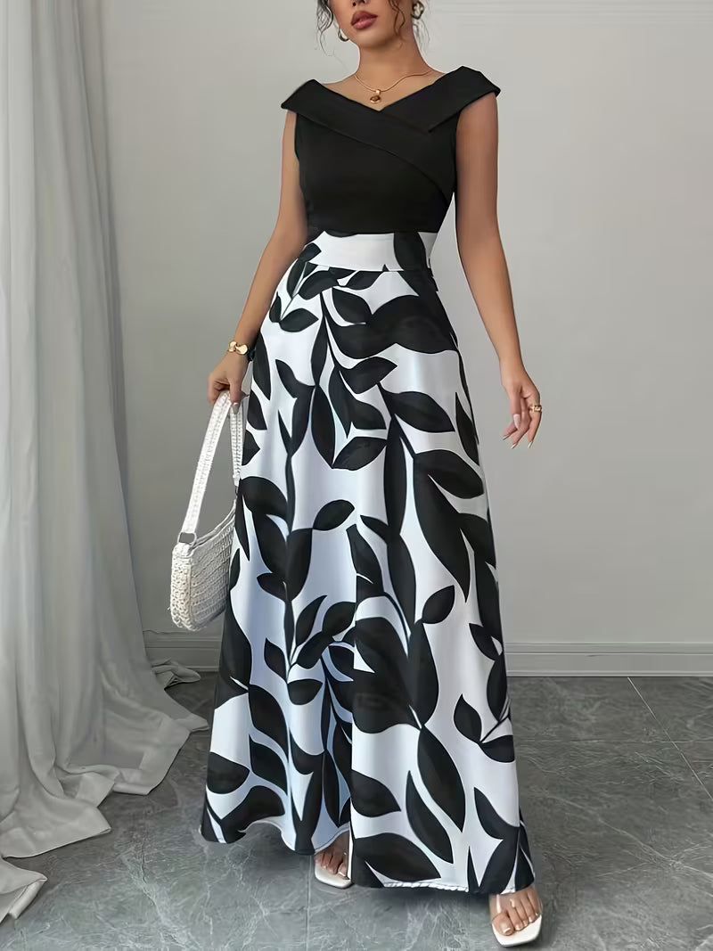 Elegant V-Neck Floral Print A-Line Maxi Dress with Pockets