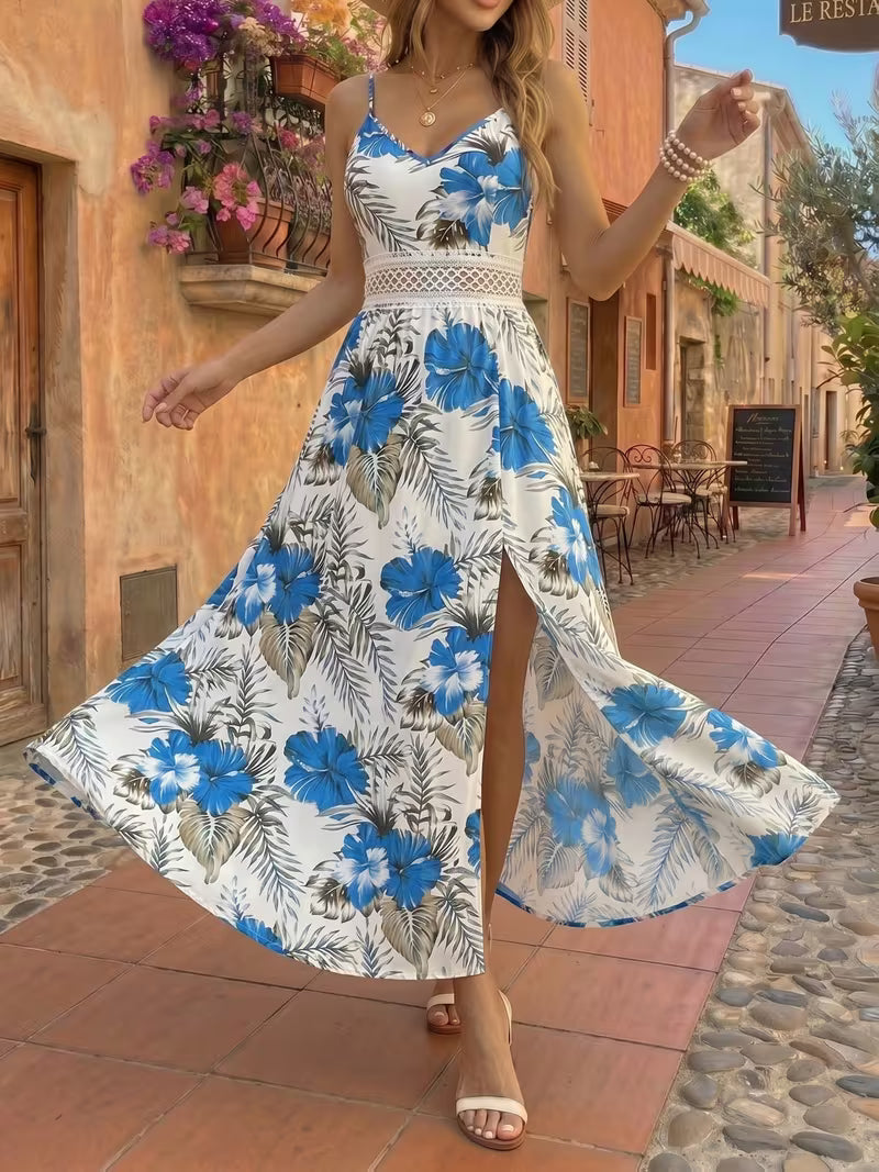 Women's Floral Print Sleeveless Maxi Dress – V-Neck High-Low Summer Dress