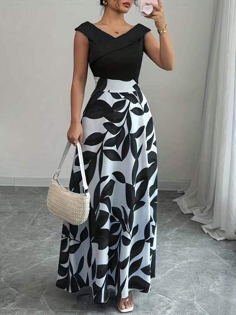 Elegant V-Neck Floral Print A-Line Maxi Dress with Pockets