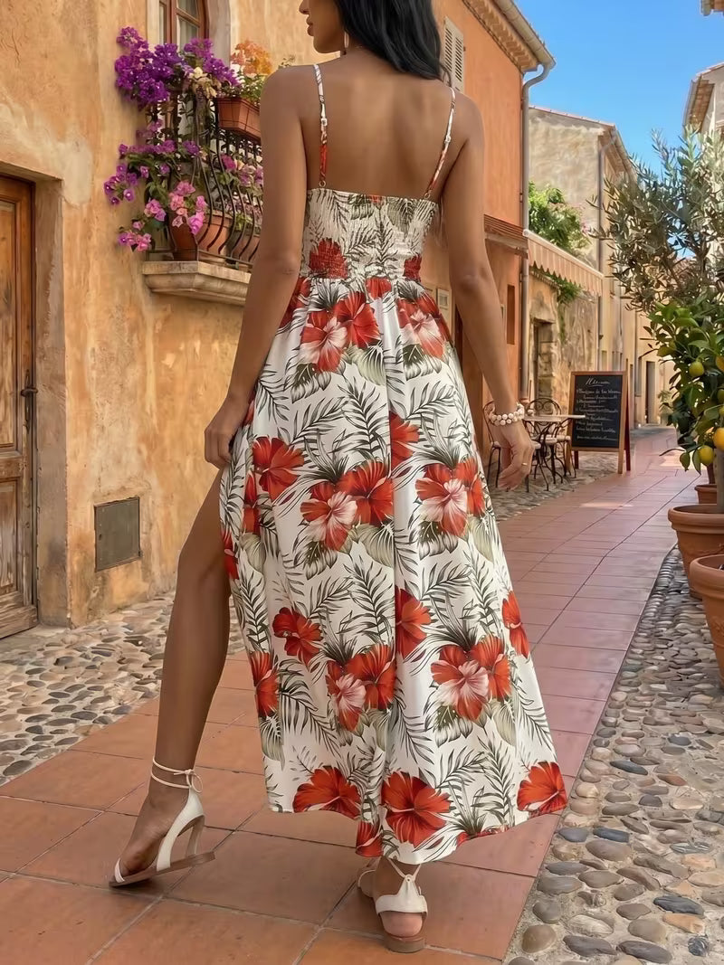 Women's Floral Print Sleeveless Maxi Dress – V-Neck High-Low Summer Dress